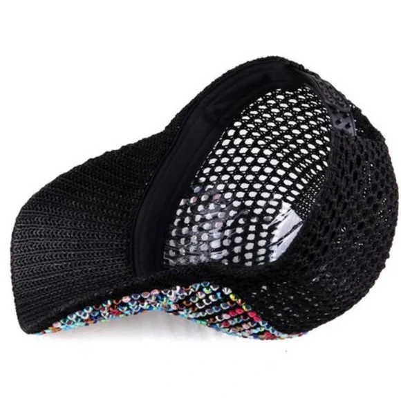 C0485 Black Rhinestone Bling Sparkle Mesh Hat Cap - Picture 5 of 5